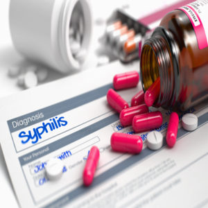 Handwritten Diagnosis Syphilis in the Differential Diagnoses. Medicaments Composition of Heap of Pills, Blister of Pills and Bottle of Tablets. 3D Illustration.